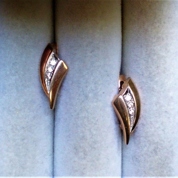 Russian Russia Solid 14K 585 Rose Pink Gold CZ Cluster V Design Pierced Earrings - Picture 5 of 6